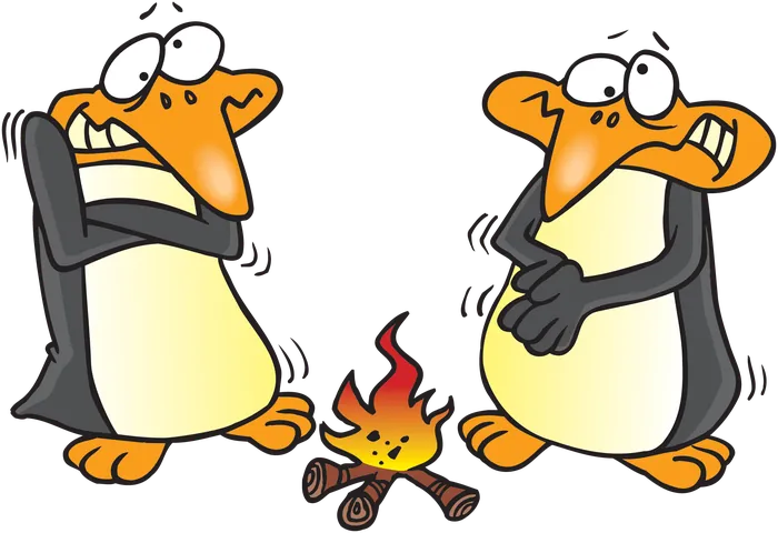 Two cartoon penguins shivering beside a small campfire